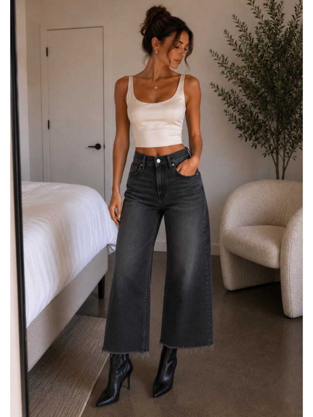 PAIGE Anessa Raw Hem Wide Leg Jeans Black Lotus Sz 32 $229